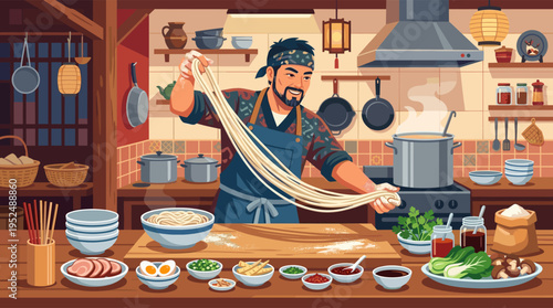 A happy Asian chef skillfully prepares fresh, hand-pulled ramen noodles in a warm, traditional restaurant kitchen surrounded by delicious ingredients.