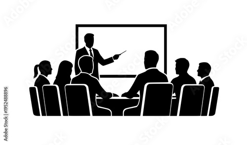 Business Meeting Vector Illustration with Presenter and Attendees in Striking Silhouette