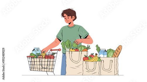 A young man standing with a shopping cart and several reusable bags filled with groceries against a clean white background.