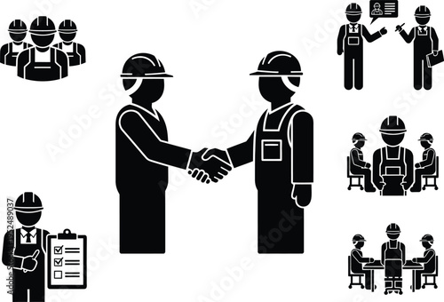 Construction workers in various teamwork and communication scenarios