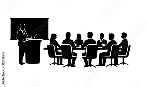 Corporate Business Meeting Vector with Presenter and Seated Attendees Silhouette Illustration