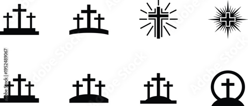 Set of black Christian cross icons including Calvary hill with three crosses and glowing crucifix symbols for Easter, Good Friday, church branding, and religious design.