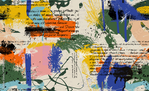 Colorful paint brush stroke painting with abstract horizontal geometric composition. Artistic textured background for wall decor, wallpaper, posters, cards, murals, carpets, paintings, art designs.