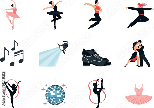 Collection of diverse ballet and dance icons, including dancers in various poses, musical notes, and spotlights, showcasing different styles of movement and performance