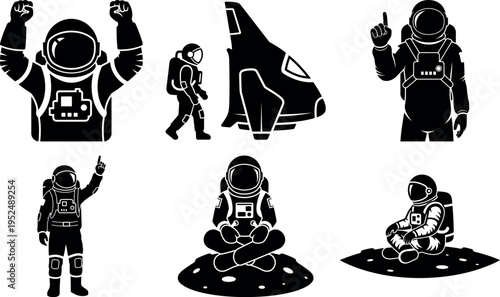 Collection of astronauts and spaceship illustrations in various poses isolated design