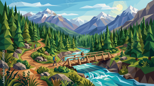 Stylized illustration of hikers with backpacks exploring a trail, crossing a wooden bridge over a river in a beautiful mountain landscape.