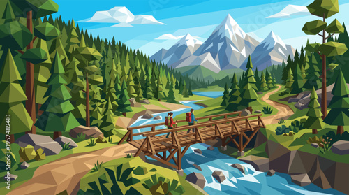 A couple with backpacks hiking across a wooden bridge in a scenic mountain landscape, a vibrant low-poly vector illustration of outdoor adventure.