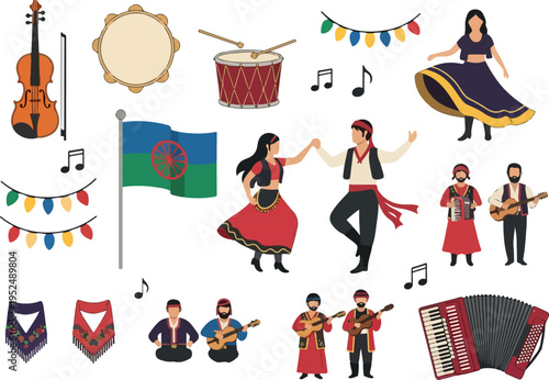 Diverse cultural celebration featuring traditional music, dance, and attire, showcasing a vibrant community gathering