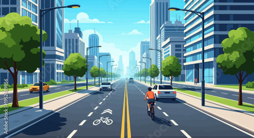 Vibrant city street with cyclist on bike lane, modern buildings, cars, and trees under blue sky.
