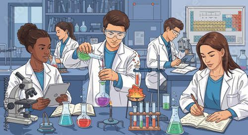 Diverse students conduct experiments in a modern science laboratory, learning chemistry and biology.