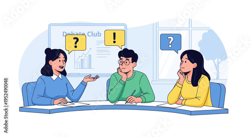 Students debating in a club, discussion, questions, ideas, learning, teamwork