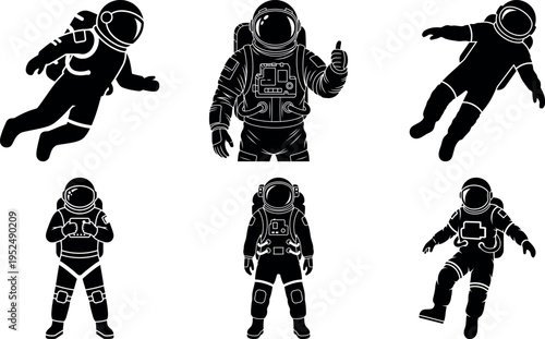 Collection of six astronauts in different poses and suits isolated illustration