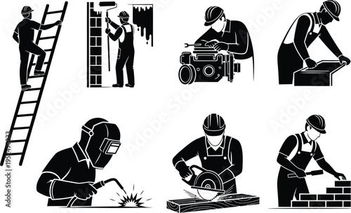 Construction workers engaged in various tasks and activities