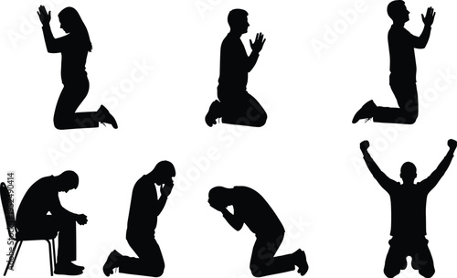 Silhouette of people praying and kneeling, religious worship group, spiritual meditation, man and woman in prayer, faith and hope, worshiping god