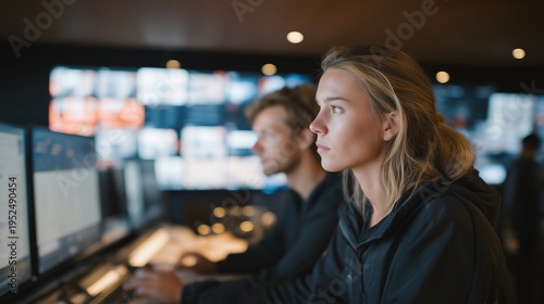 Content moderation team using advanced detection tools to identify synthetic media across social platforms, analysts reviewing flagged content on multiple screens in secure operations center, ideal