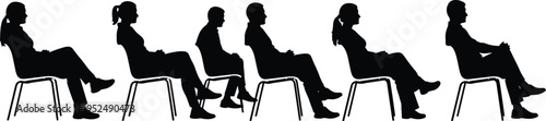 Silhouette of a diverse group of people sitting in chairs, waiting in a row, business queue, audience, seminar, and recruitment