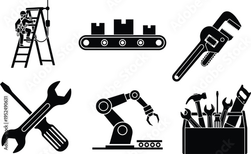 Collection of industrial and mechanical tools and equipment icons