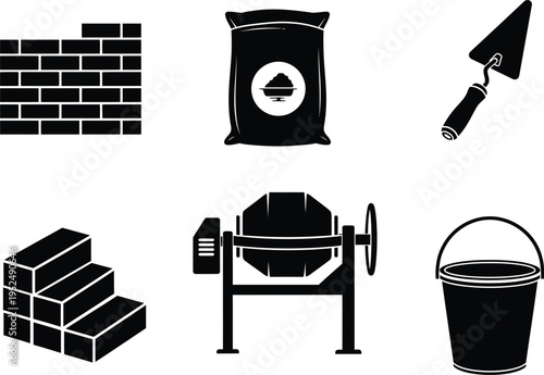 Masonry construction tools and materials icon set