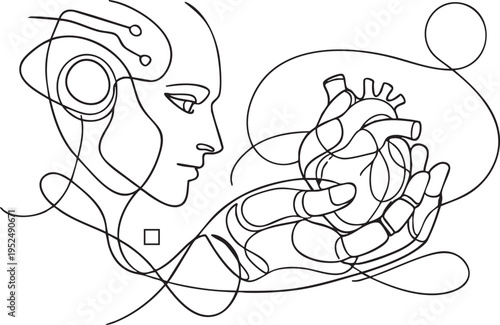 Robot holds a heart in its hand with a human face