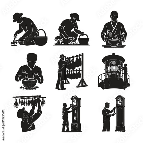 People doing traditional crafts and activities silhouette set bundle