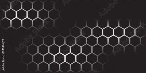 Dark grey abstract wide horizontal banner with hexagon carbon fiber grid and orange luminous lines