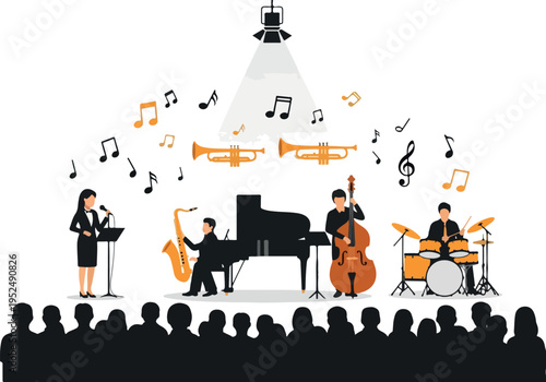 Diverse ensemble of musicians performing jazz music on stage with audience watching, featuring saxophones, trumpets, double bass, drums, and piano under spotlights