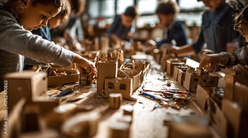 Children building cardboard city models together in classroom, creative architecture craft activity perfect for school projects, stem learning