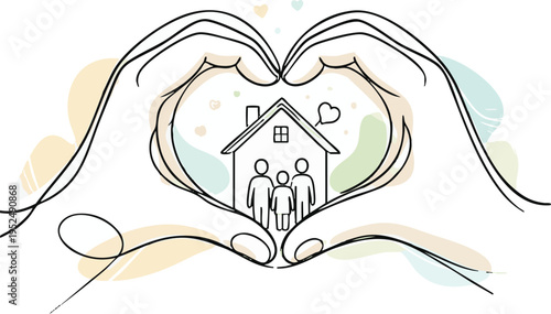 Hands shielding a house with a family inside forming a heart shape around them with love and care