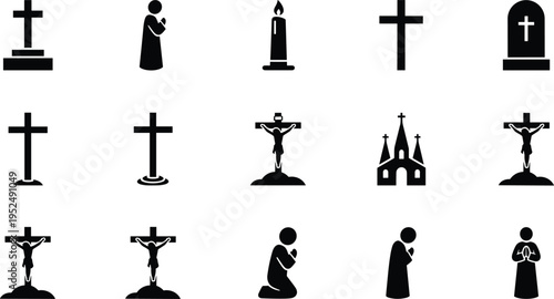 Set of black Christian icons featuring crucifix symbols, church building, prayer silhouettes, candle, and gravestone for religious holidays, funeral services, and church branding projects.