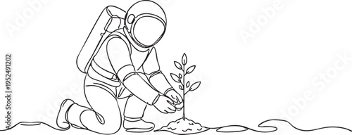 Astronaut kneeling down to plant a small tree in the ground with a space suit on