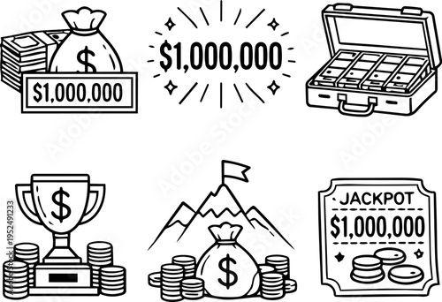 Wealth money success million finance line icons. Vector