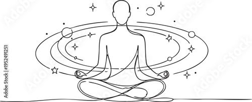 Person meditating in lotus position with celestial elements surrounding body