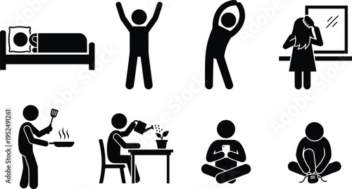 Daily routine lifestyle icon set featuring sleeping, stretching, cooking, grooming, gardening and relaxing activities, minimal black silhouette design for healthy living concept