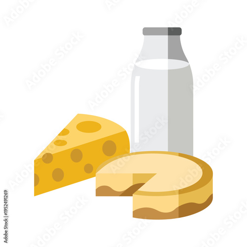 Fresh dairy products assortment with milk bottle cheese and cheesecake
