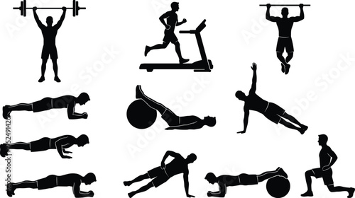 Fitness exercise silhouette collection featuring strength training, cardio workout, bodyweight exercises, gym activity icons, minimal black design for health and sport concept