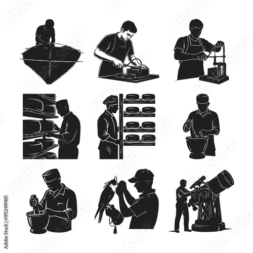 Silhouette set bundle of crafts and hobbies on white background