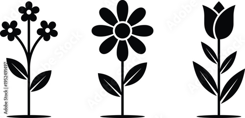 Floral silhouette icon collection with blooming flowers, botanical plant shapes, minimal black design, decorative nature illustration set isolated on white background