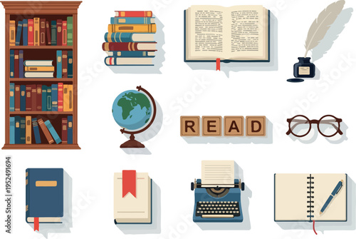 Collection of literary and educational icons representing books, writing, and learning