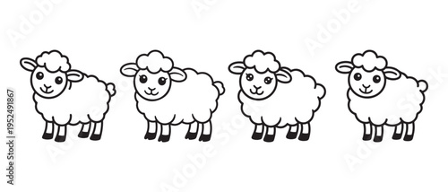 Cute Cartoon Sheep Standing in a Row, Simple Black and White Line Art Illustration.