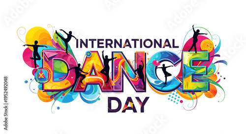 International Dance Day colorful typography with dancing silhouettes.