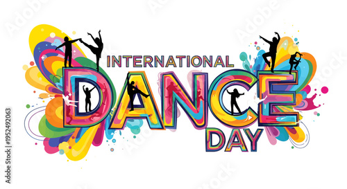 International Dance Day vibrant colorful typography with dancing silhouettes.
