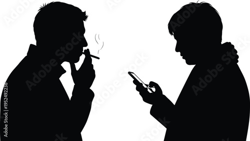 Human behavior silhouette illustration showing smoking habit and smartphone usage, contrasting addiction and modern lifestyle concepts in minimal black design