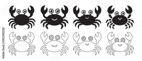 Cute Cartoon Crabs Collection. Black Silhouettes and Outline Drawings of Friendly Marine Animals in Vector Art Style.