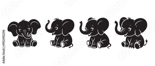 Adorable black silhouette baby elephant cartoons sitting cheerfully on a clean white background, digital illustration.