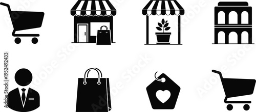 Shopping and retail icon set featuring cart, store, boutique, bags, and ecommerce elements in clean black silhouette style