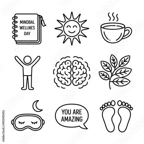 Set of mindbal wellness day icons in line art style for web and app designs