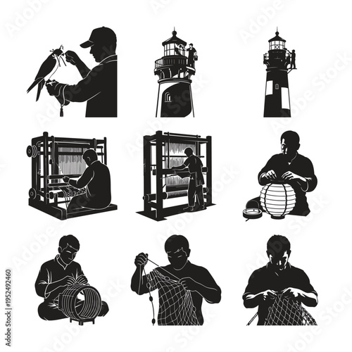 Silhouette set bundle of crafts and hobbies on white background