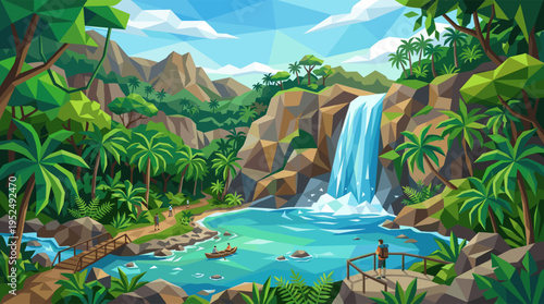 A vibrant low poly illustration of a scenic jungle paradise with a huge waterfall, turquoise lagoon, and tiny hikers exploring the lush, exotic landscape.