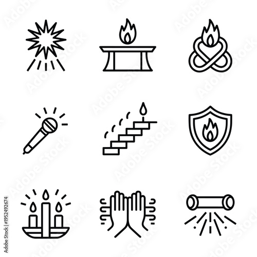 Religious and spiritual icons including burning star, altar, intertwined flames, microphone, ascending candles