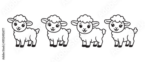 Cute cartoon lambs standing in a row, simple line art illustration, white background.
